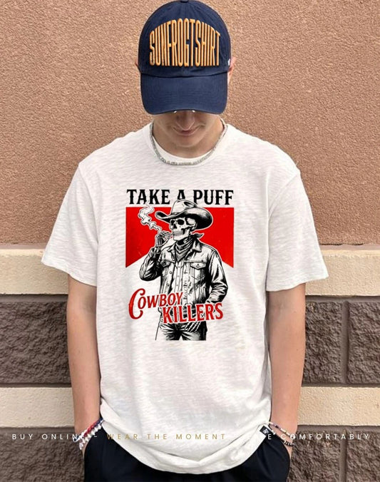 Smoking skeleton cowboy killers funny skull graphic shirt