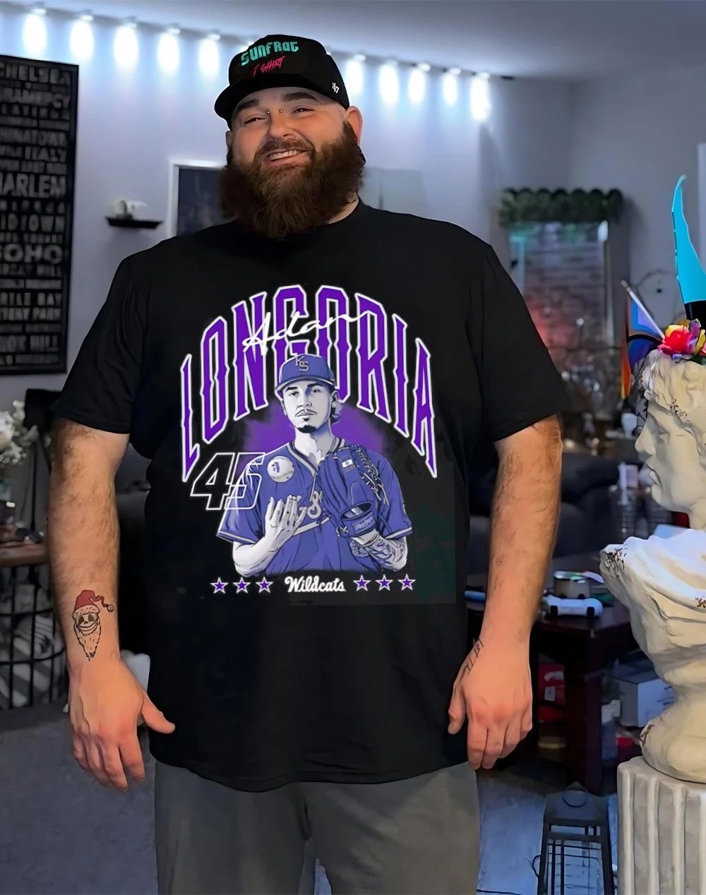 Adan Longoria 45 Kansas State Wildcats baseball player caricature shirt
