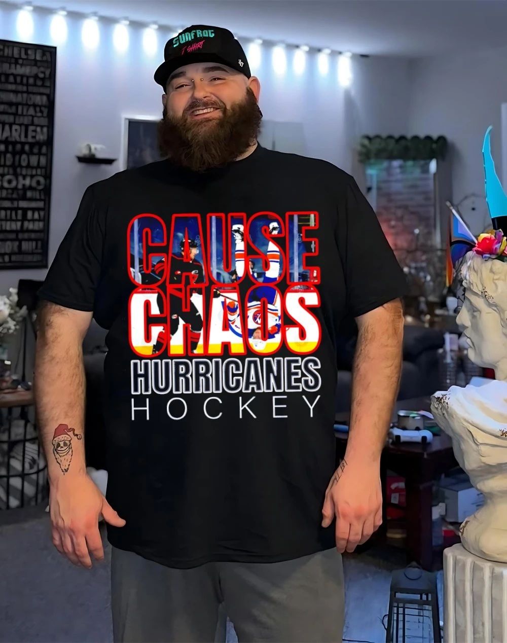 Cause Chaos Hurricanes Hockey text graphic shirt