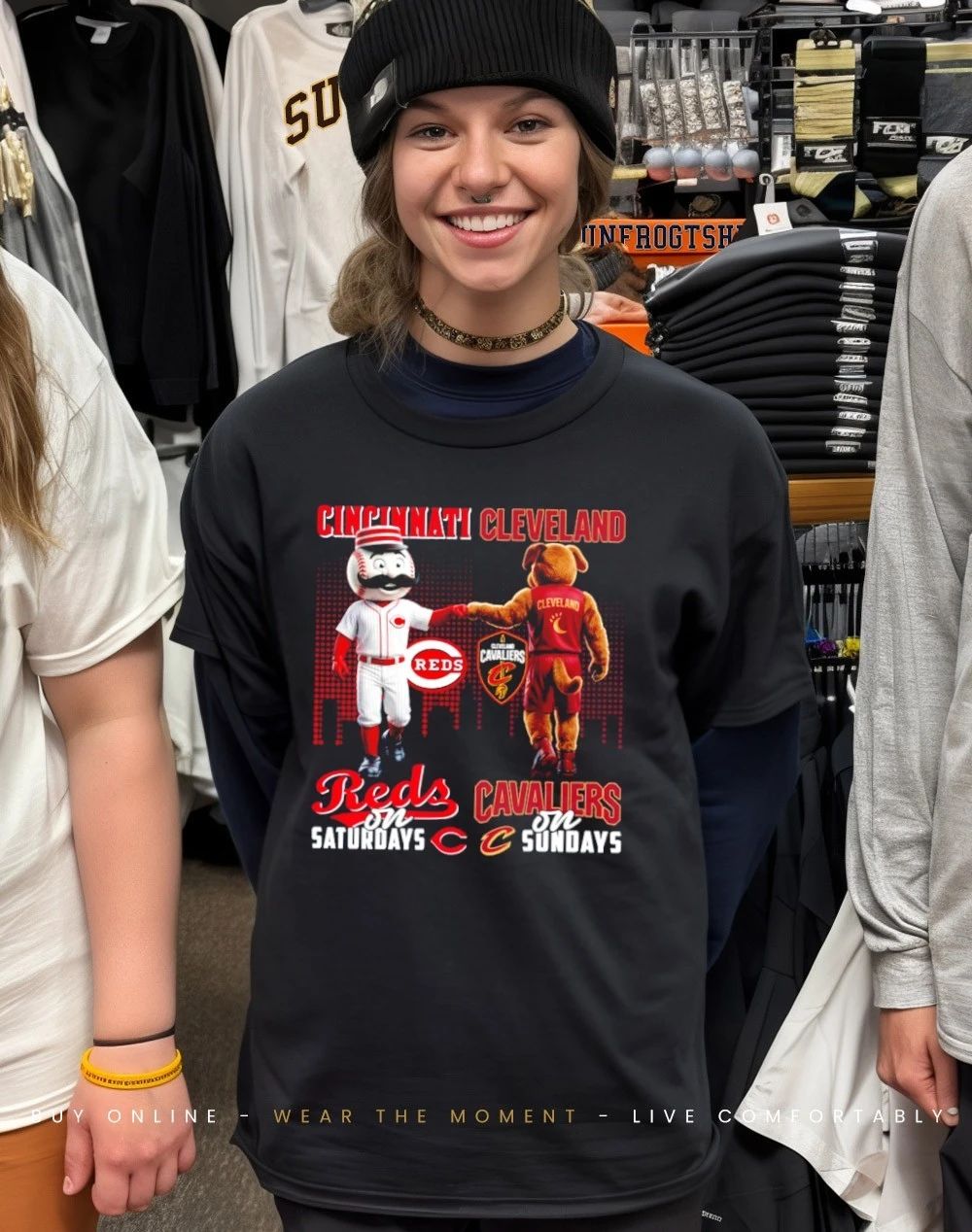 Cincinnati Reds on saturdays vs Cleveland Cavaliers on sundays city skyline shirt