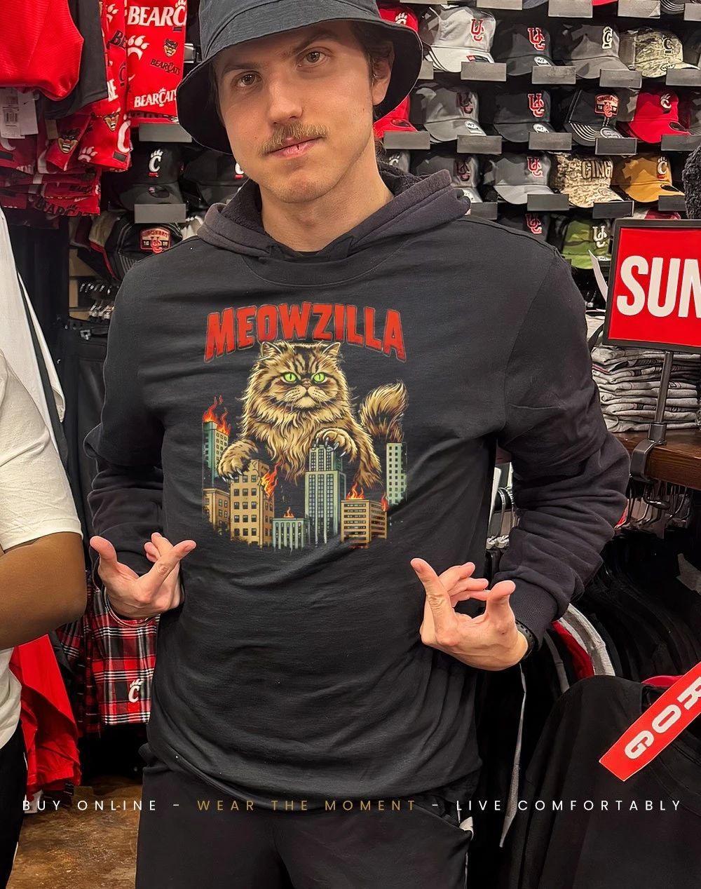 Meowzilla city skyline graphic shirt
