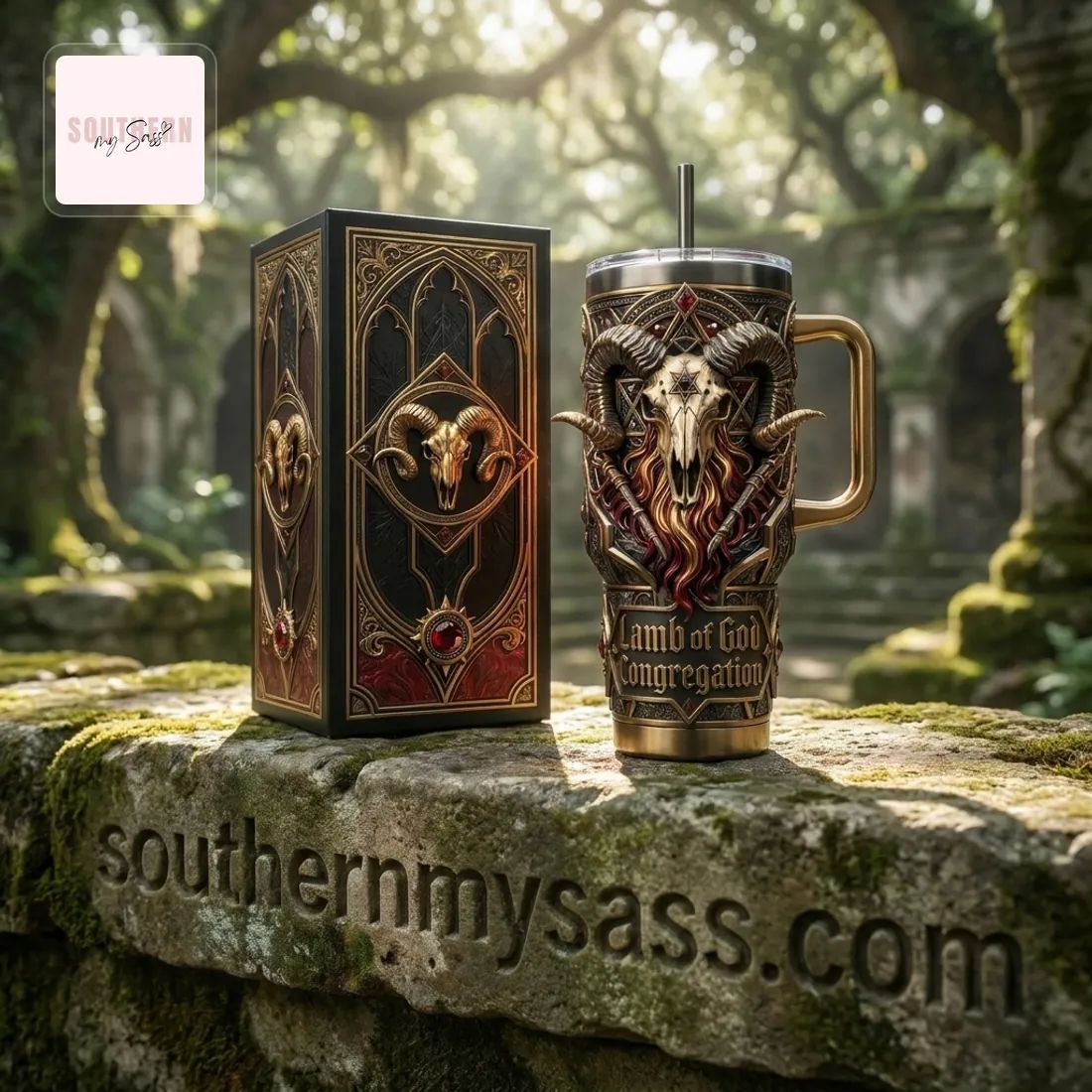Lamb of God Congregation Gothic Ram Skull 40oz Insulated Tumbler With Handle