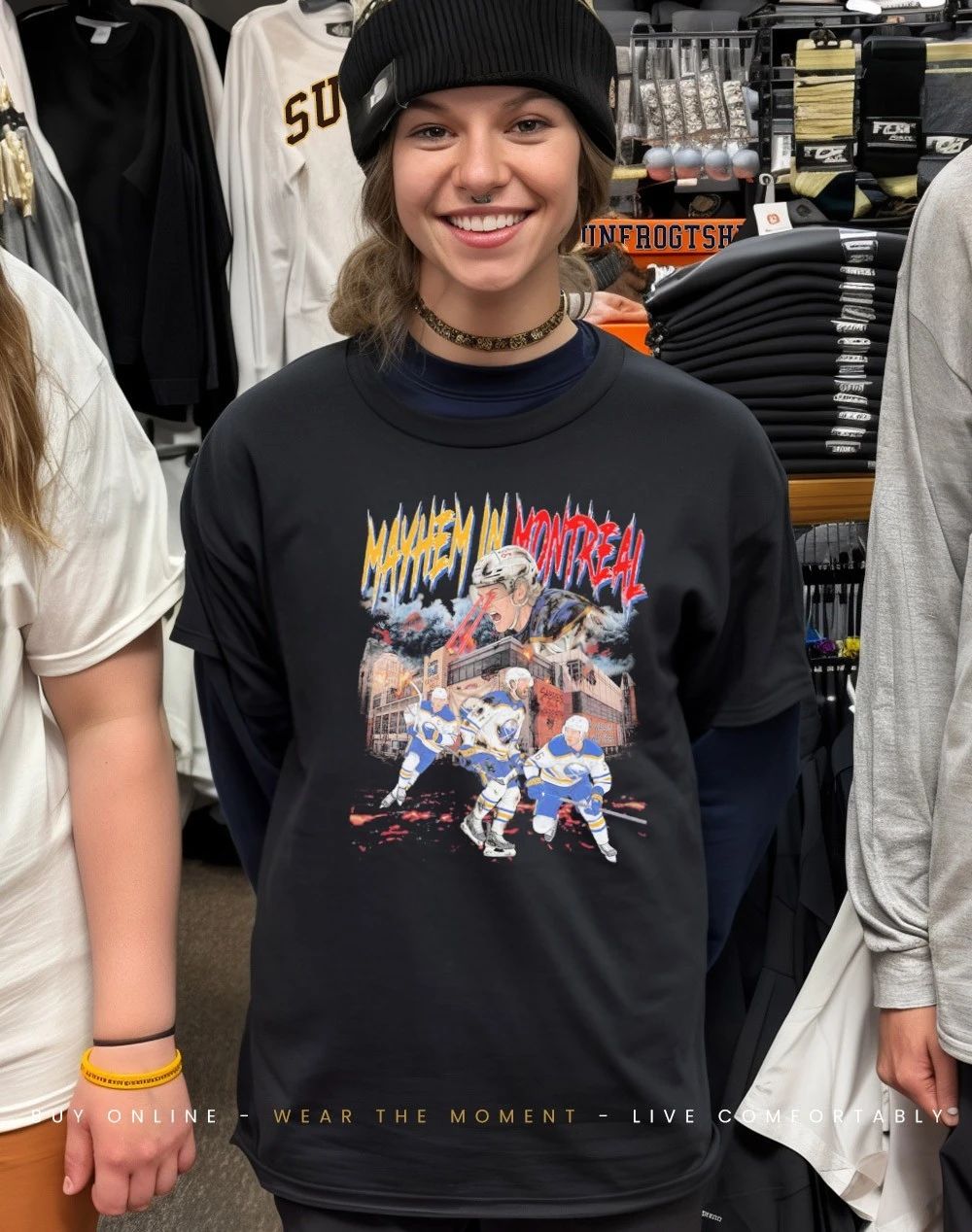 Buffalo Sabres trio Mayhem in Montreal shirt