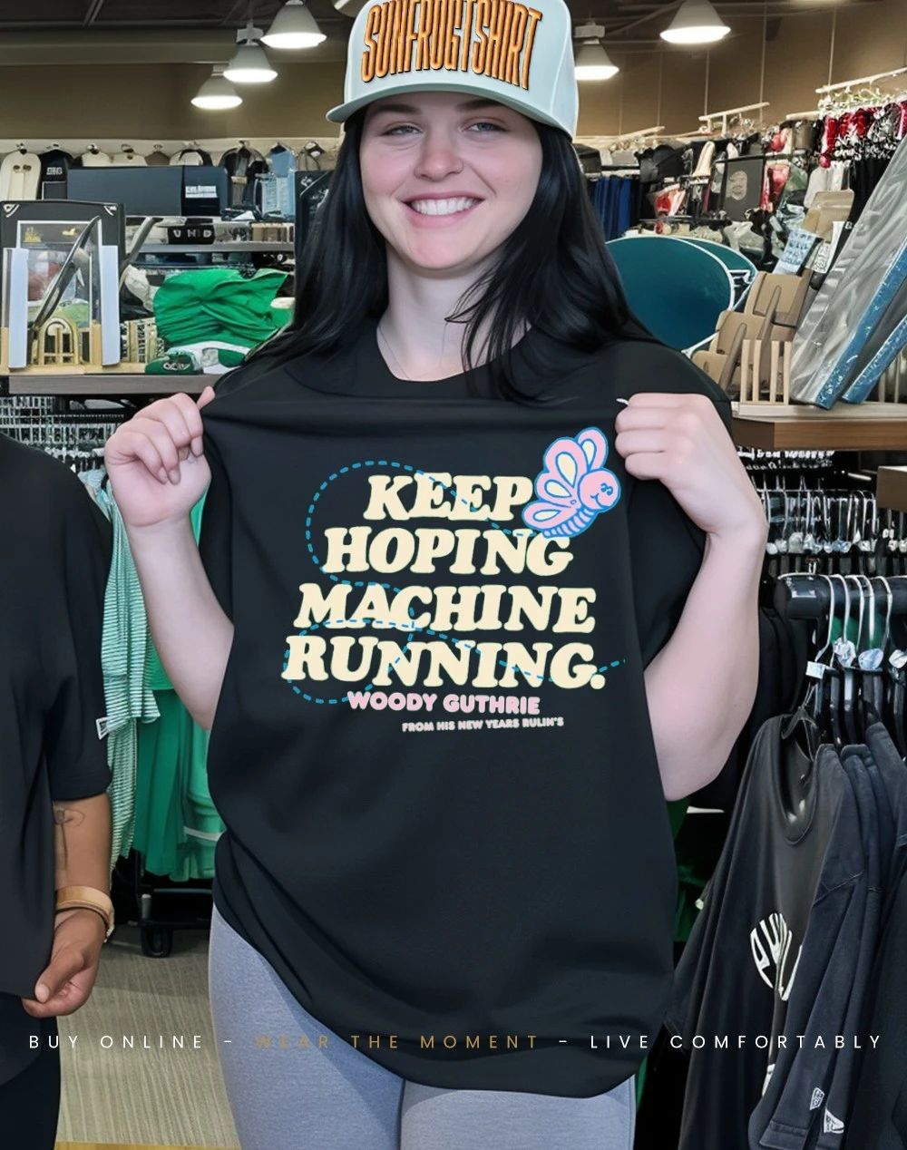 Woody Guthrie keep hoping machine running from his new years rulin’s shirt