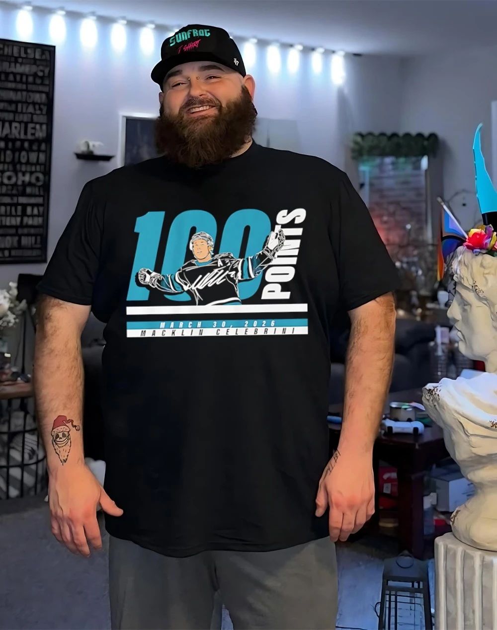 San Jose Macklin Celebrini 100 Points 2025-26 March 30 2026 signature shirt