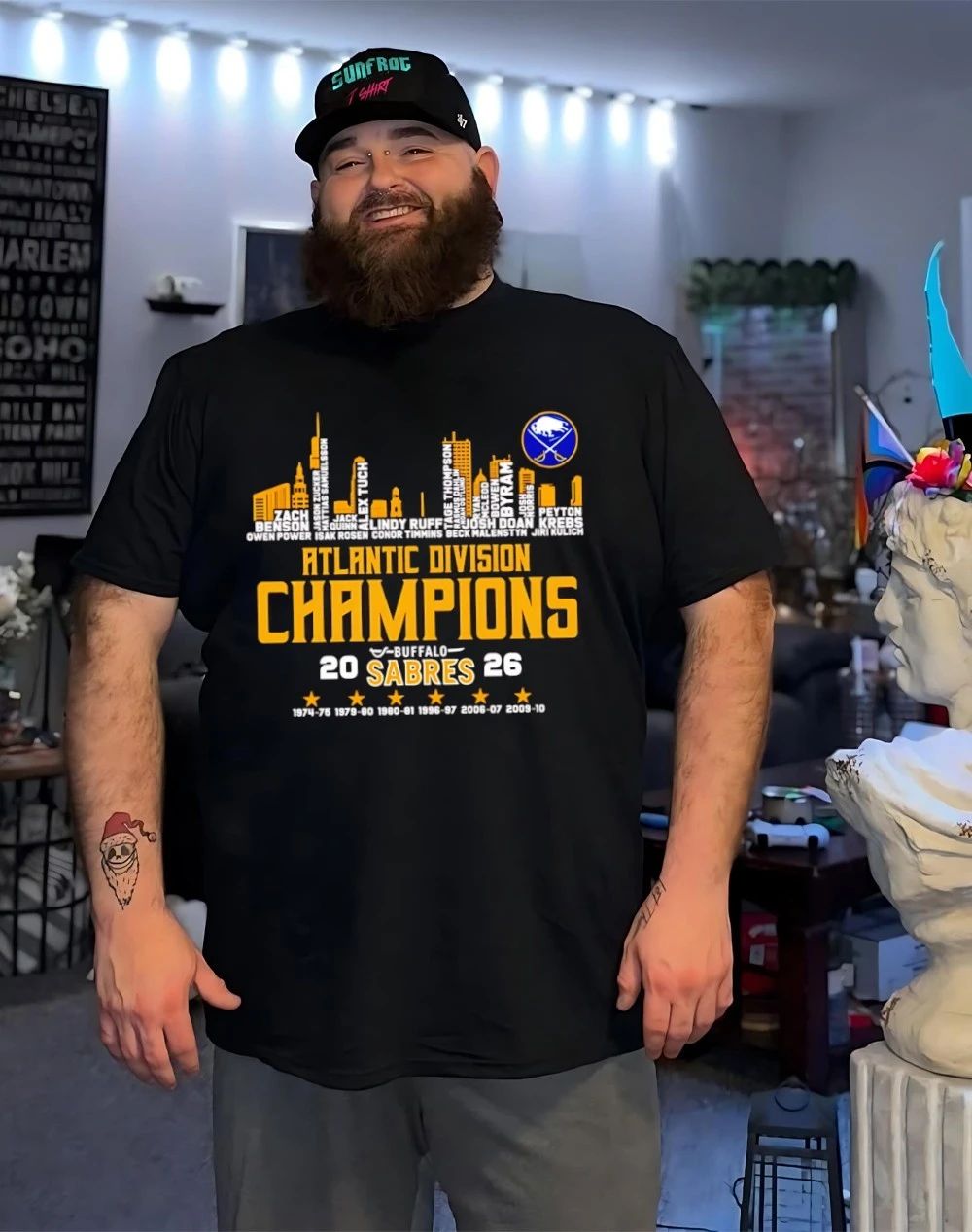 Buffalo Sabres 2026 Atlantic Division Champions 6 time players names city skyline shirt