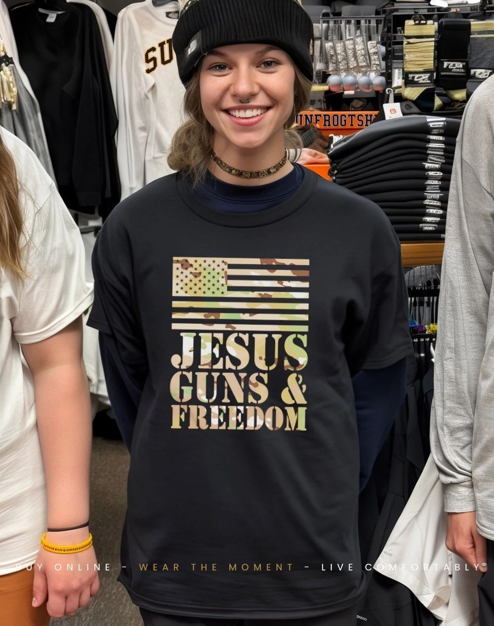 Jesus Guns and Freedom Camo Graphic 2026 flag shirt