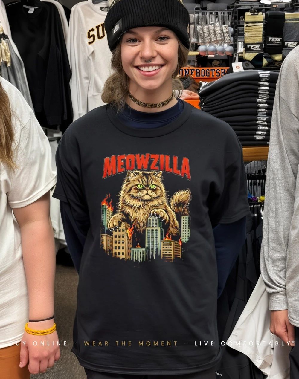 Meowzilla city skyline graphic shirt