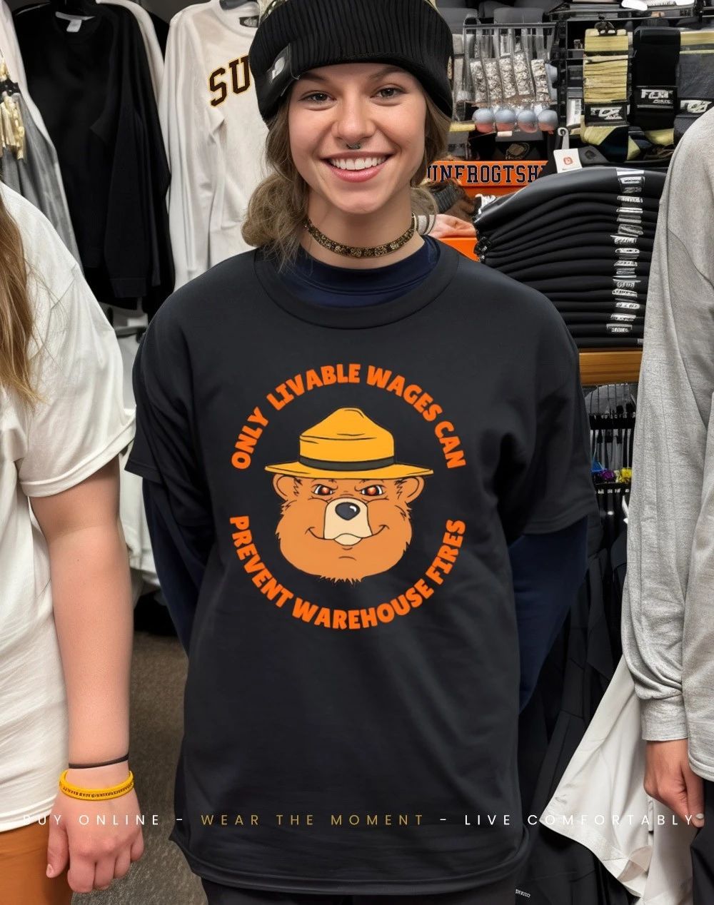 Only livable wages can prevent warehouse fires Smokey Bear shirt