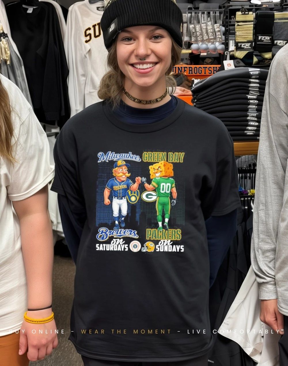 Milwaukee Brewers on saturdays vs Green Bay Packers on sundays city skyline shirt