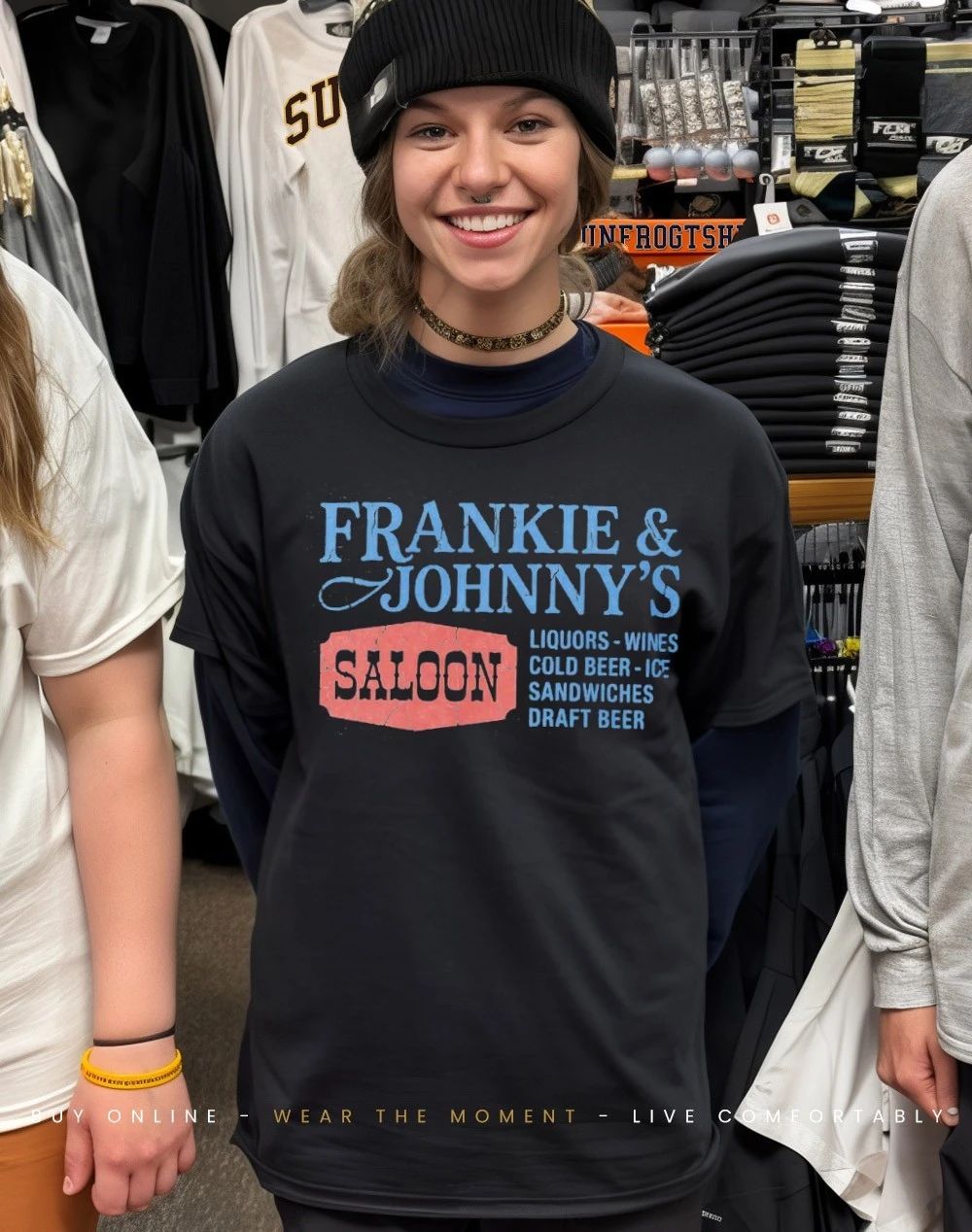 Frankie & Johnny’s Saloon Liquors wines cold beer ice sandwiches shirt