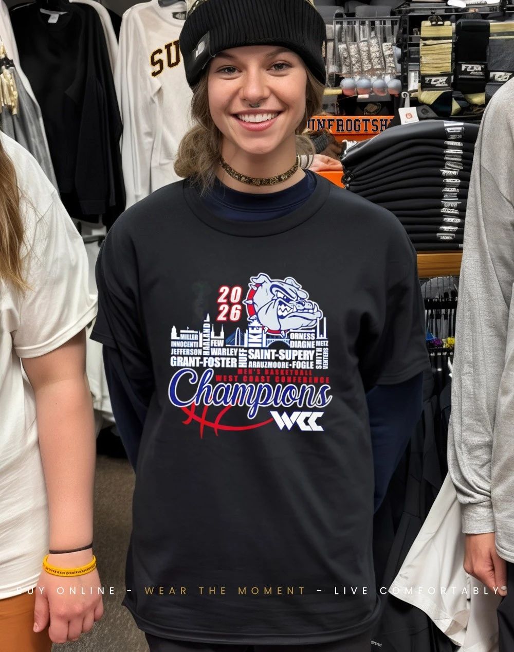 Gonzaga Bulldogs 2026 WCC Men’s Basketball Champions player names city skyline shirt