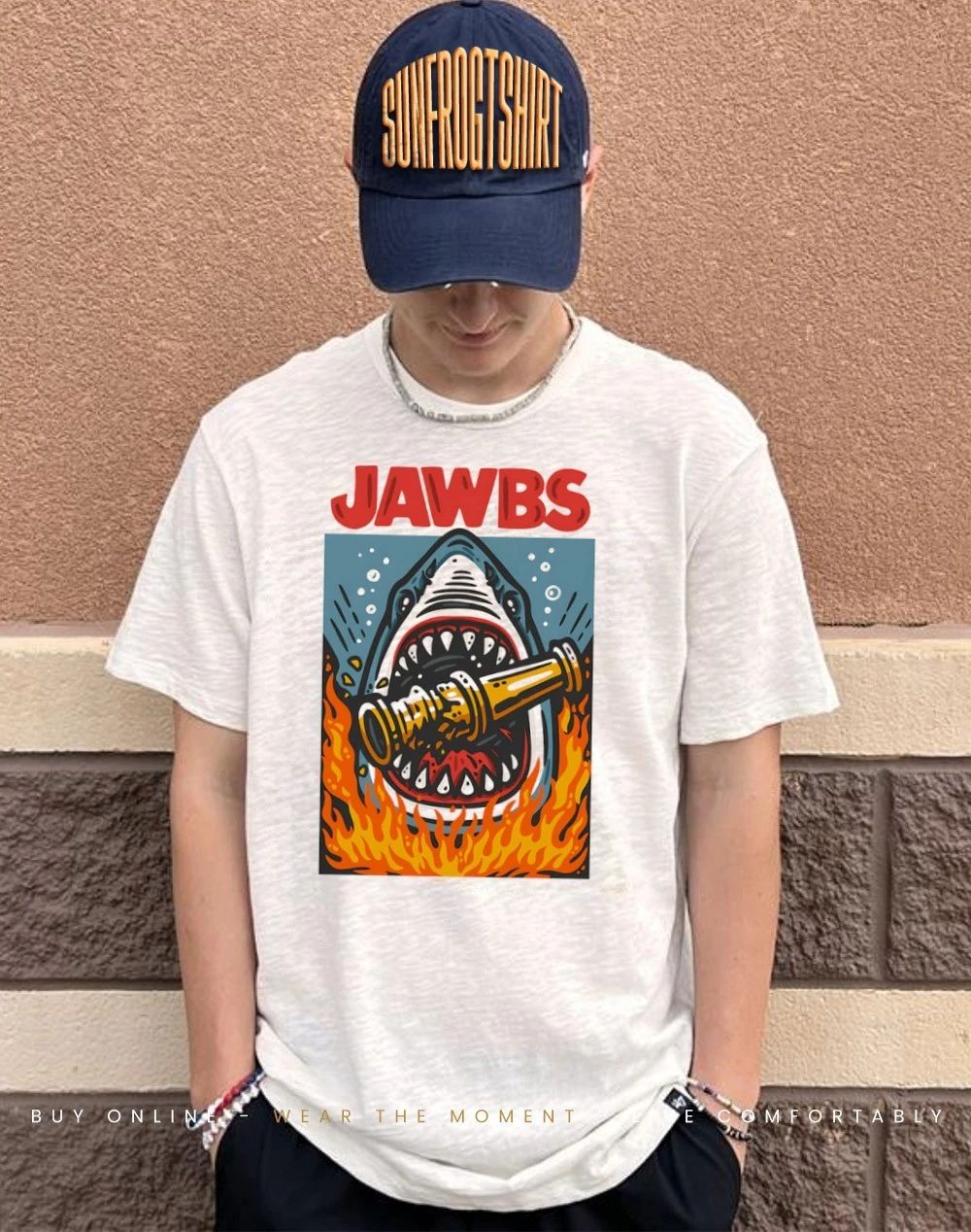 Jawbs bite fire hose firefighter Jaws parody shirt