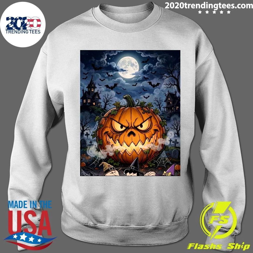 Giant Glowing Evil Pumpkin Halloween Scene with Graveyard, Flying Bats and Full Moon T-shirt