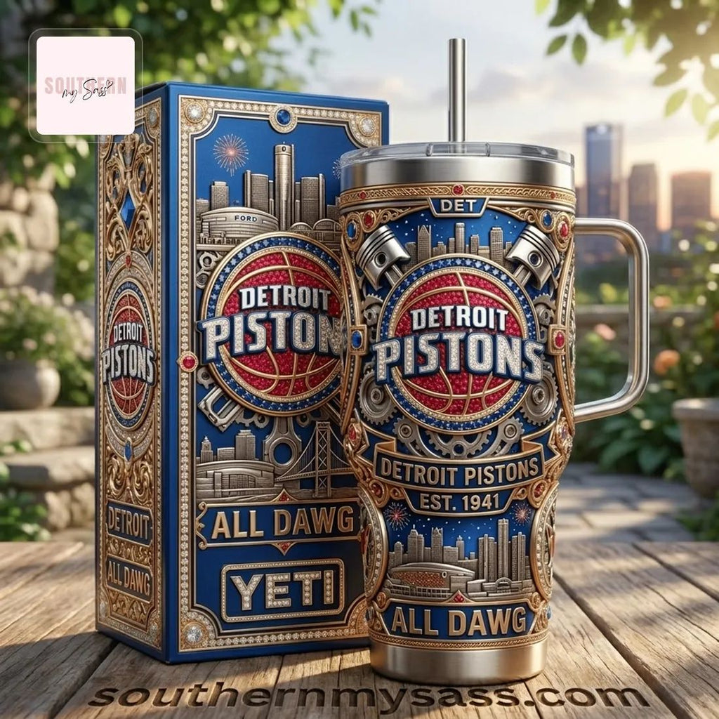 Detroit Pistons Ornate Premium 40oz Insulated Travel Tumbler with Handle