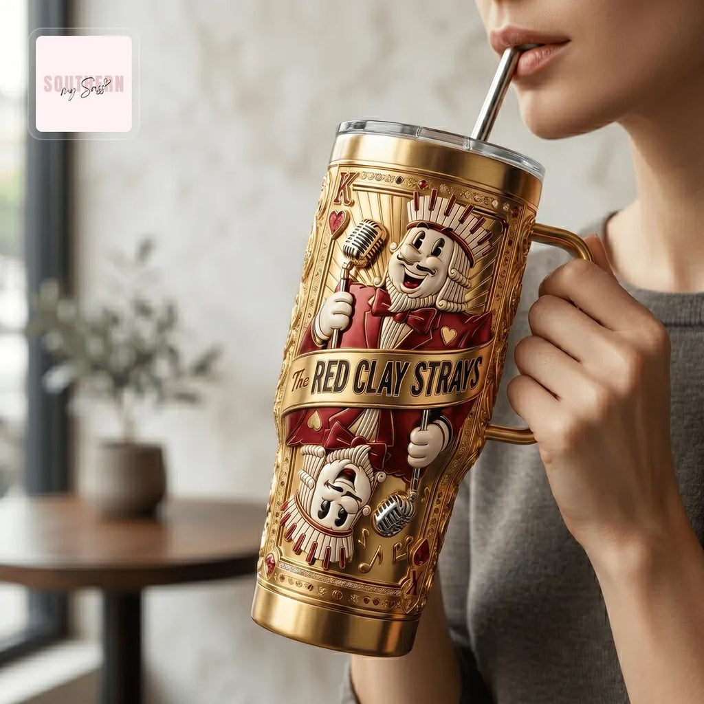 The Red Clay Strays Gold 40oz 3D Embossed King Card Insulated Tumbler With Handle
