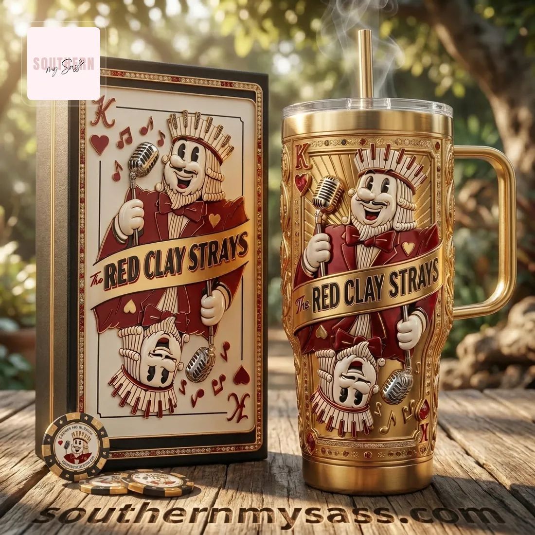 The Red Clay Strays Gold 40oz 3D Embossed King Card Insulated Tumbler With Handle