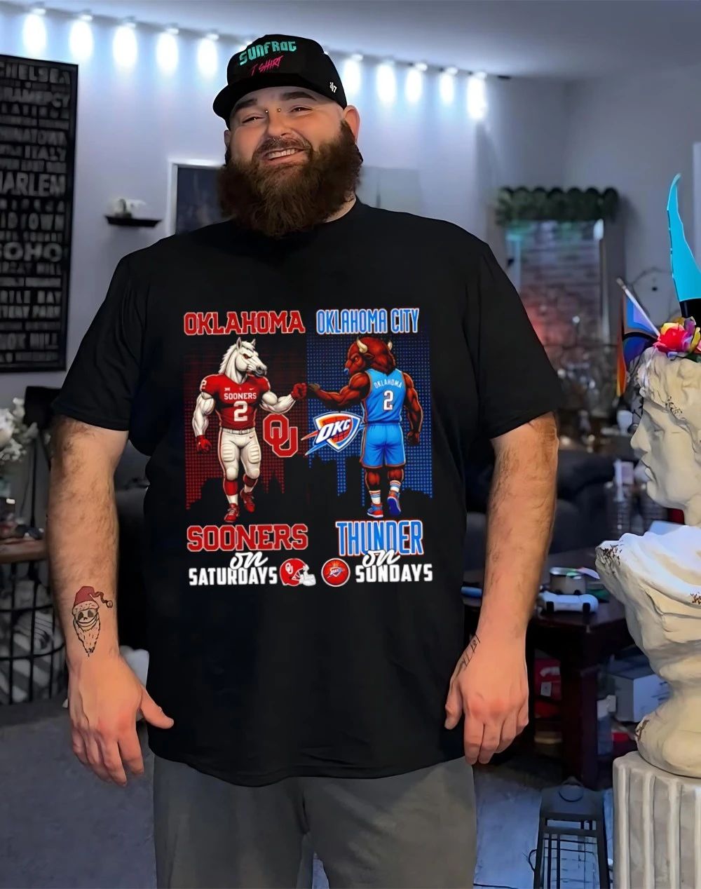 Oklahoma Sooners on Saturdays vs Oklahoma City Thunder on Sundays mascot city skyline shirt