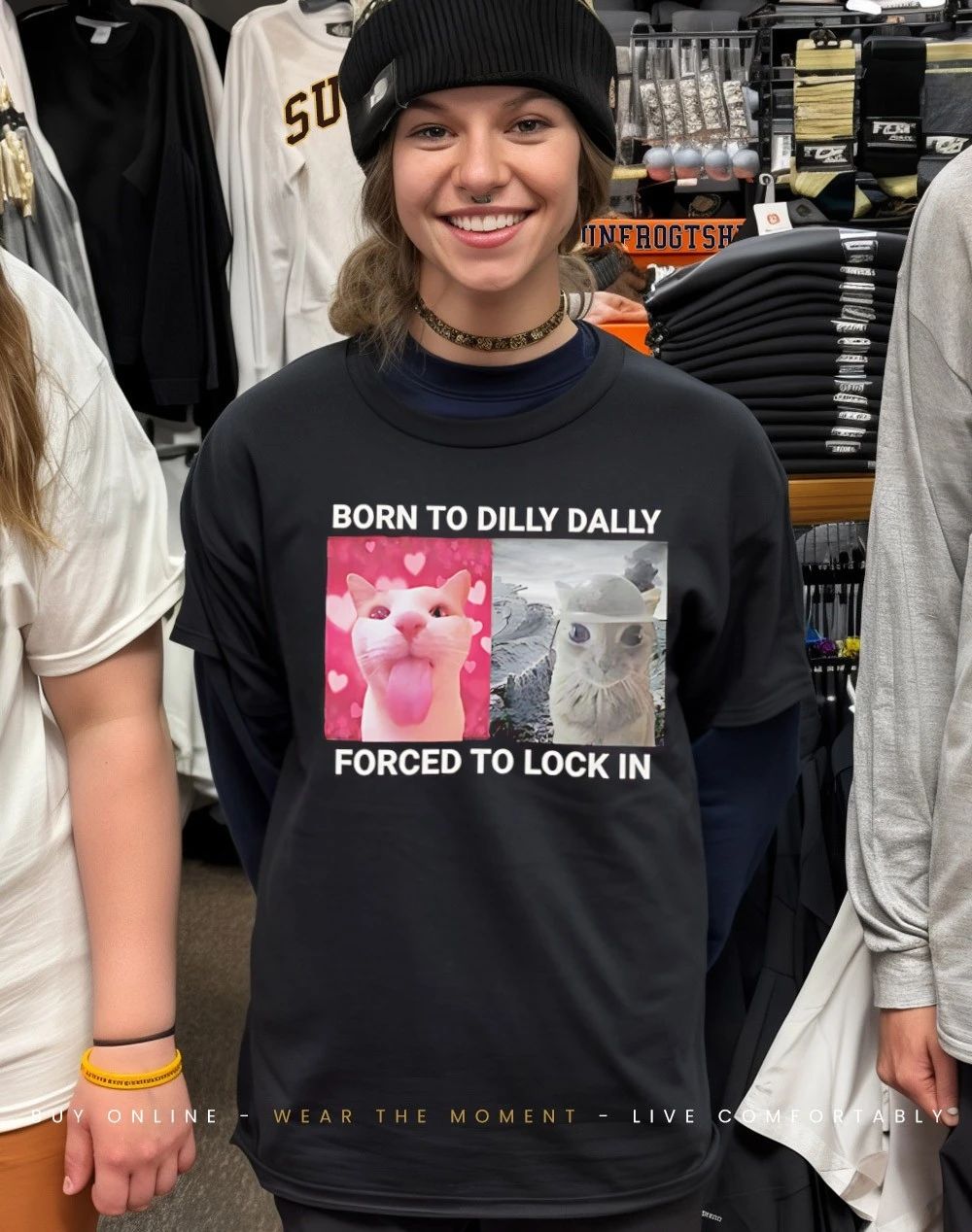Cat born to dilly dally forced to lock in shirt