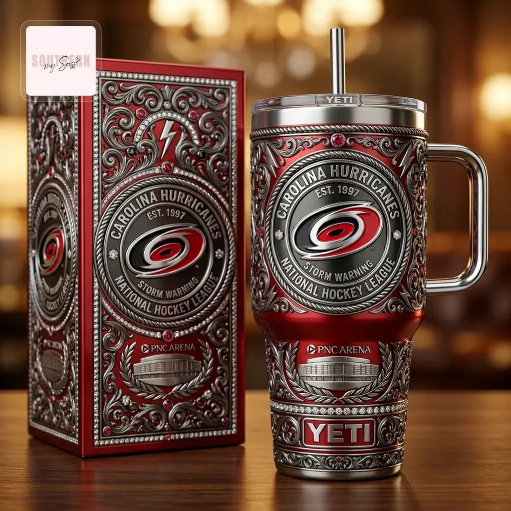 Carolina Hurricanes YETI Premium Ornate 40oz Insulated Travel Tumbler with Lid and Straw